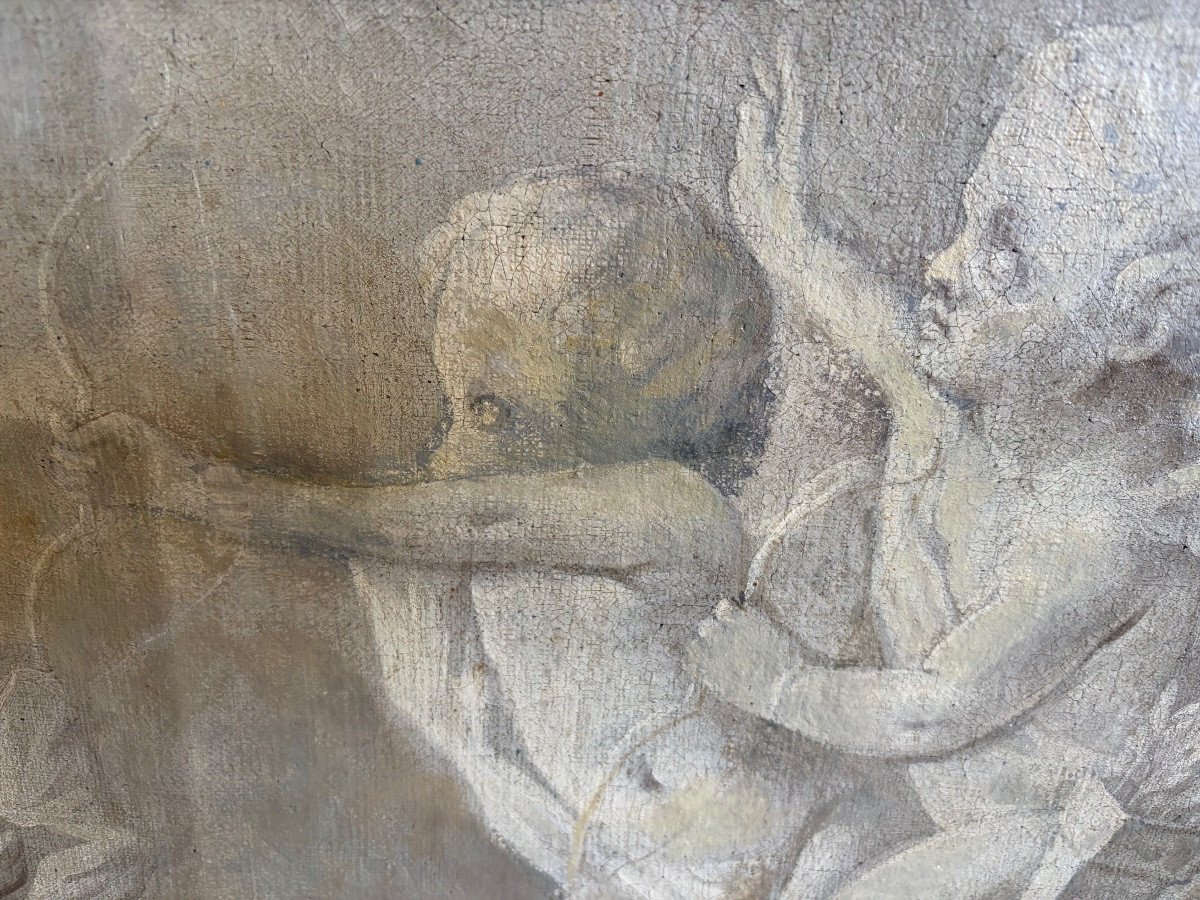 Large Oil On Canvas, 18th Century, Grisaille With Putti. France.-photo-5