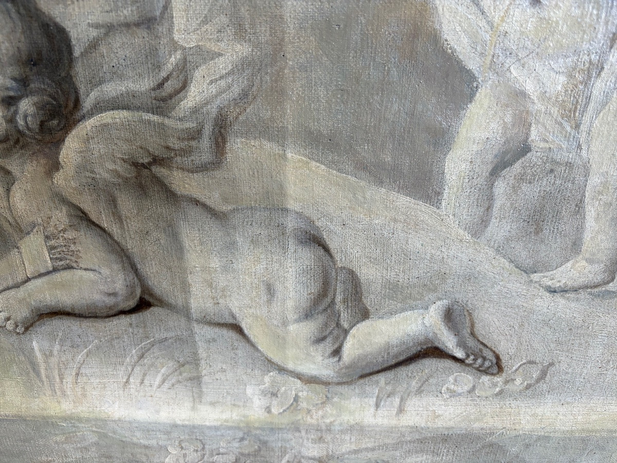 Large Oil On Canvas, 18th Century, Grisaille With Putti. France.-photo-6