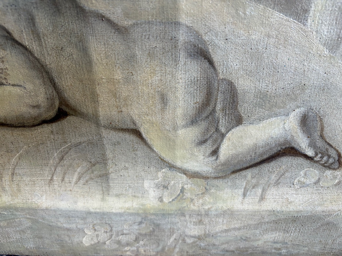 Large Oil On Canvas, 18th Century, Grisaille With Putti. France.-photo-7