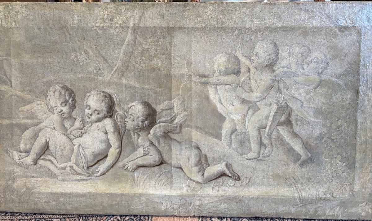 Large Oil On Canvas, 18th Century, Grisaille With Putti. France.