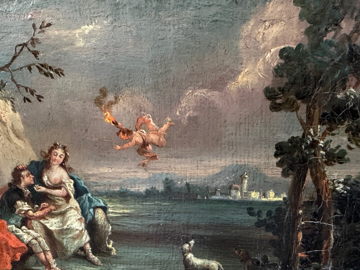 Small Oil On Canvas, France, 18th Century, Gallant Scene, Love, Hunter, Young Girl.-photo-4