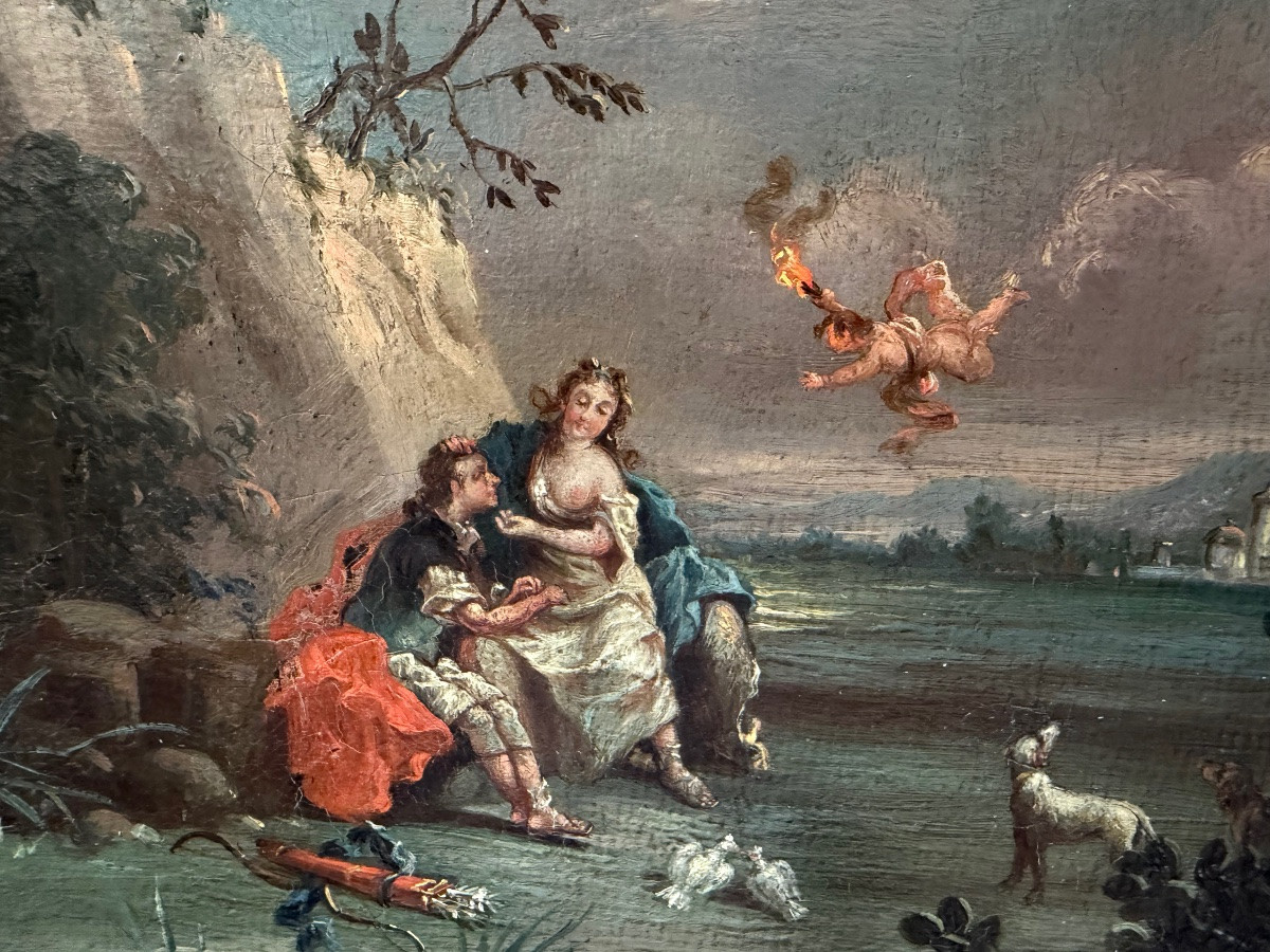 Small Oil On Canvas, France, 18th Century, Gallant Scene, Love, Hunter, Young Girl.-photo-1