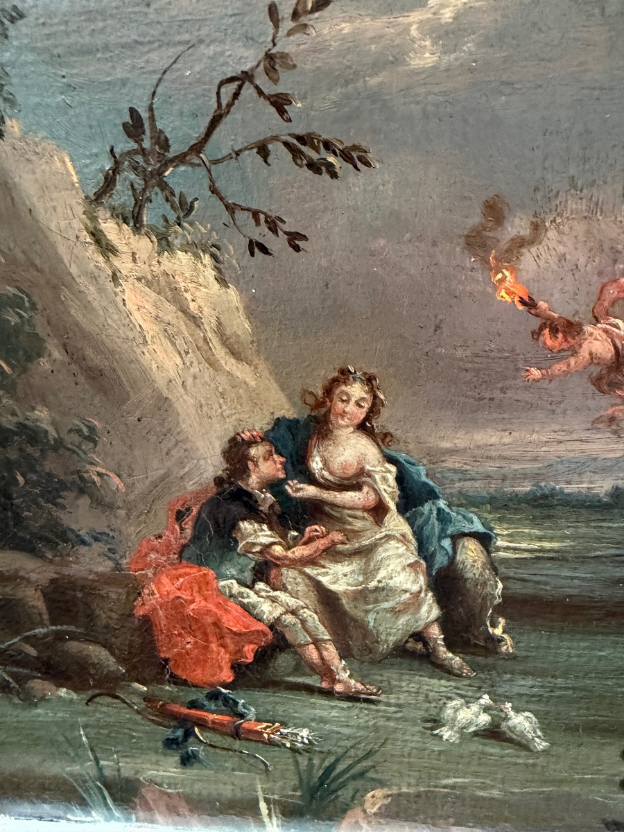 Small Oil On Canvas, France, 18th Century, Gallant Scene, Love, Hunter, Young Girl.-photo-2