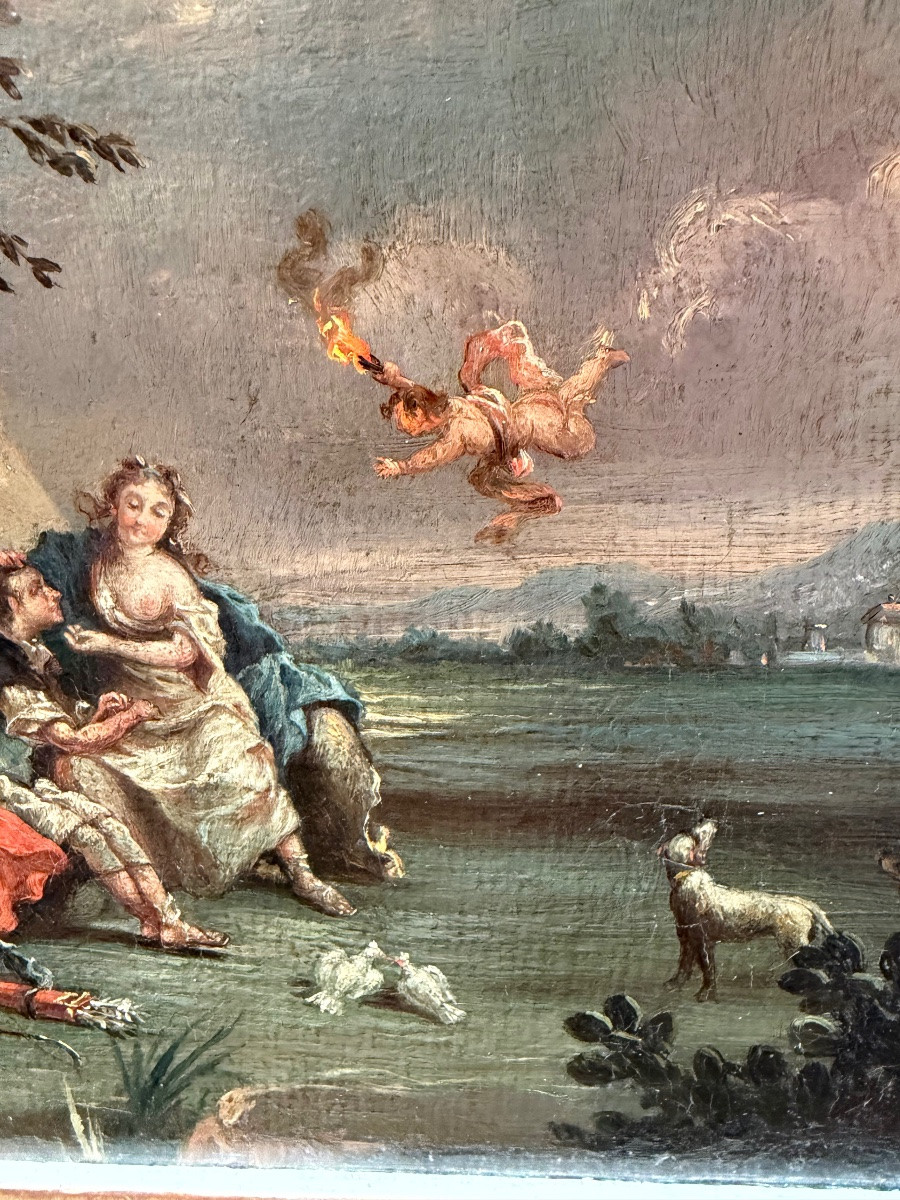 Small Oil On Canvas, France, 18th Century, Gallant Scene, Love, Hunter, Young Girl.-photo-3