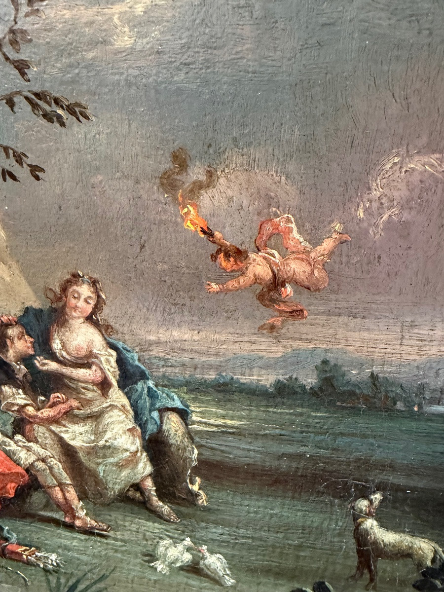 Small Oil On Canvas, France, 18th Century, Gallant Scene, Love, Hunter, Young Girl.-photo-5