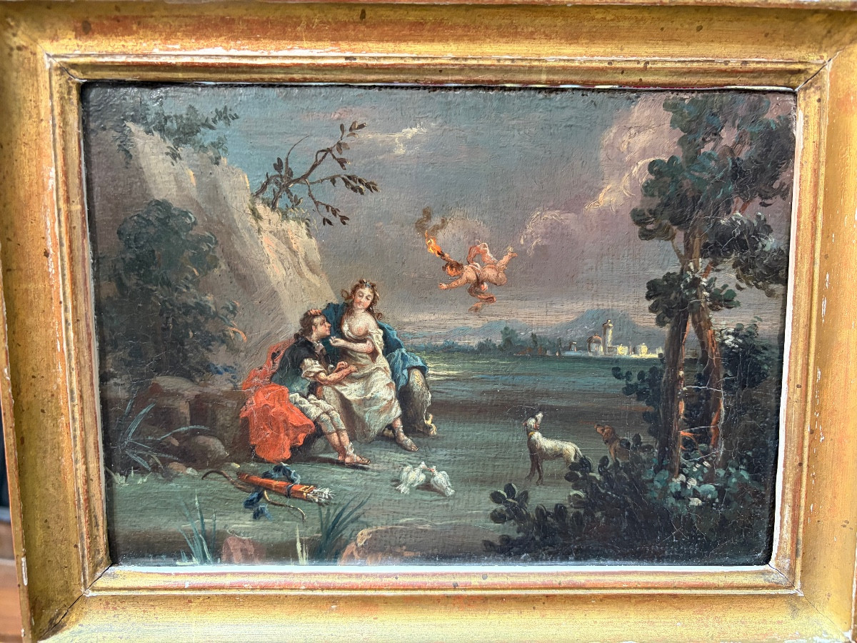 Small Oil On Canvas, France, 18th Century, Gallant Scene, Love, Hunter, Young Girl.