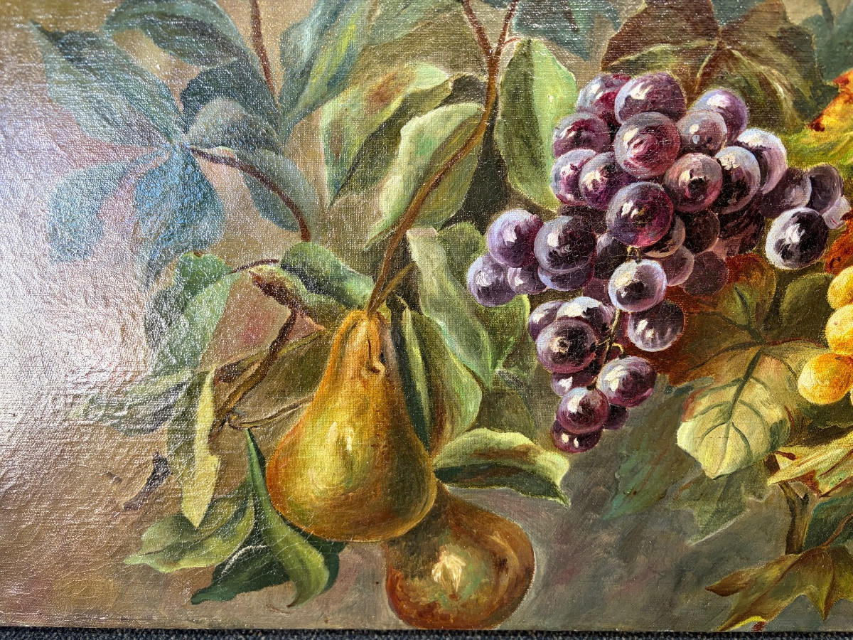 Grande huile sur toile, nature morte aux raisins et poires. XIX eme siècle, France.-photo-2