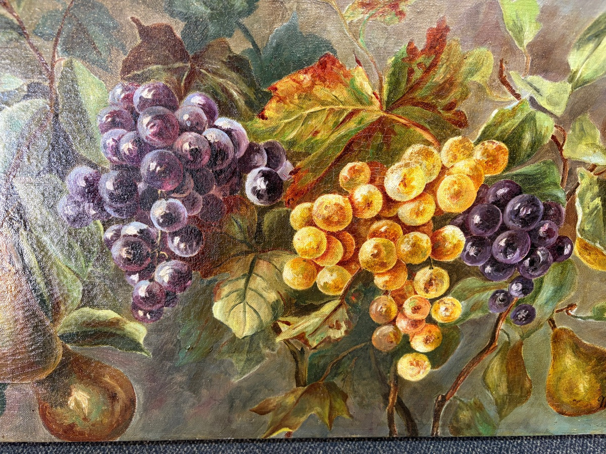 Grande huile sur toile, nature morte aux raisins et poires. XIX eme siècle, France.-photo-3