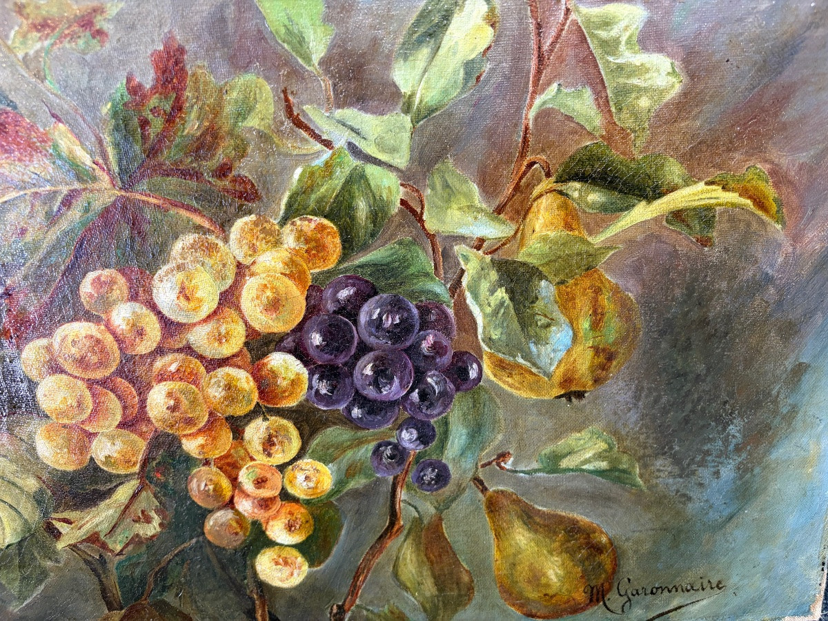 Grande huile sur toile, nature morte aux raisins et poires. XIX eme siècle, France.-photo-4