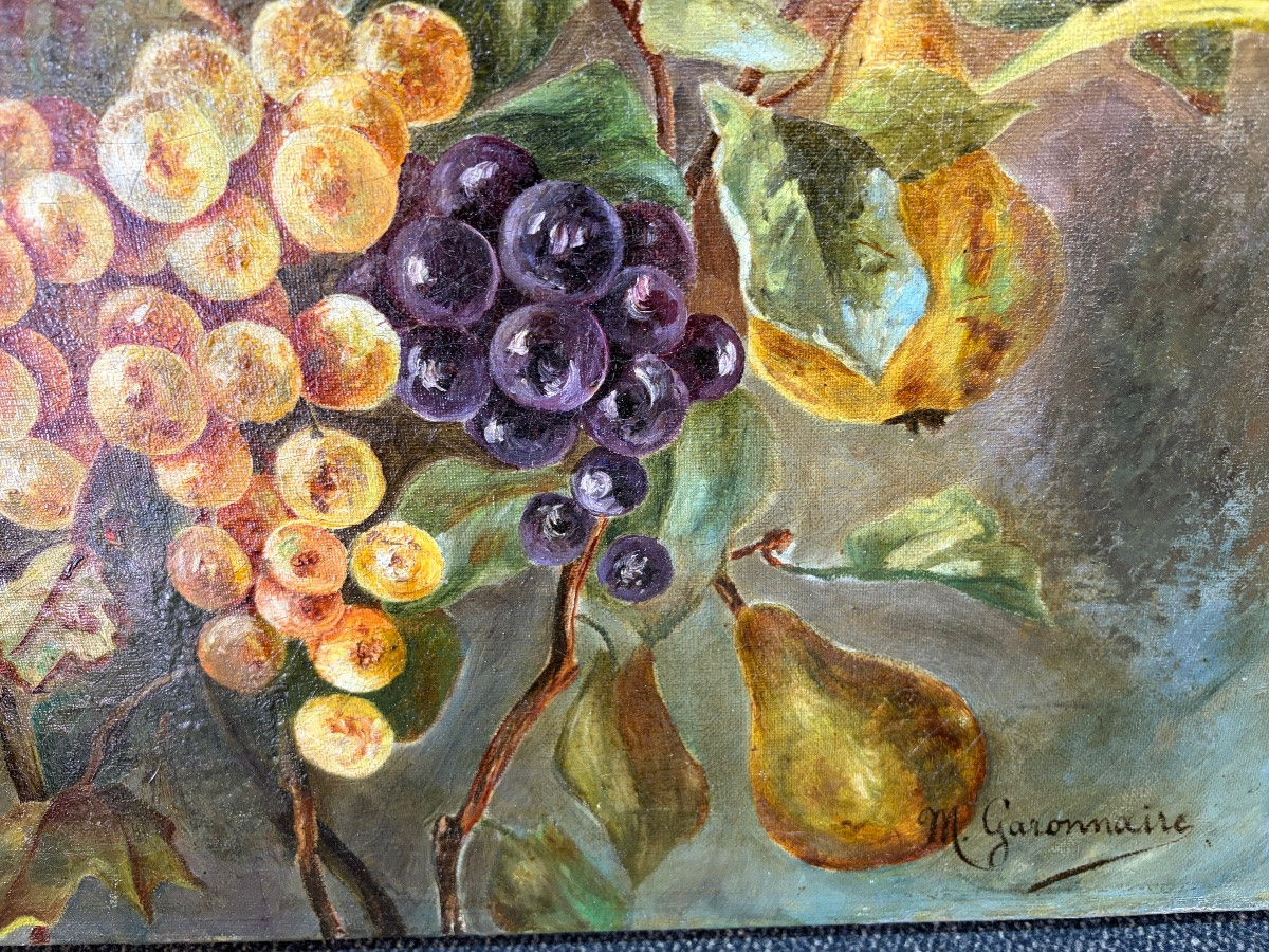 Grande huile sur toile, nature morte aux raisins et poires. XIX eme siècle, France.-photo-1