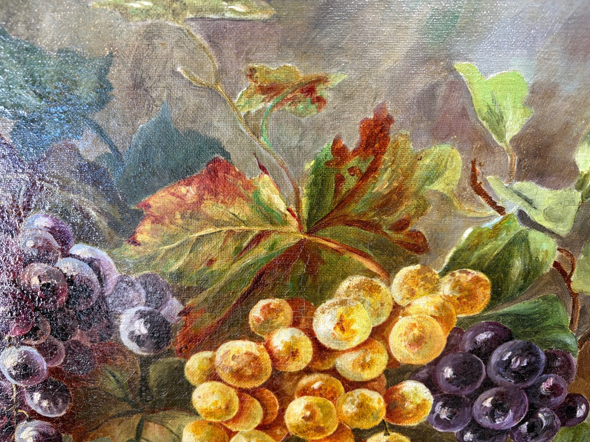 Grande huile sur toile, nature morte aux raisins et poires. XIX eme siècle, France.-photo-2