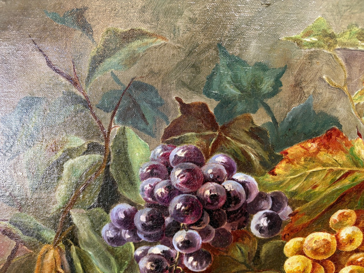 Grande huile sur toile, nature morte aux raisins et poires. XIX eme siècle, France.-photo-3