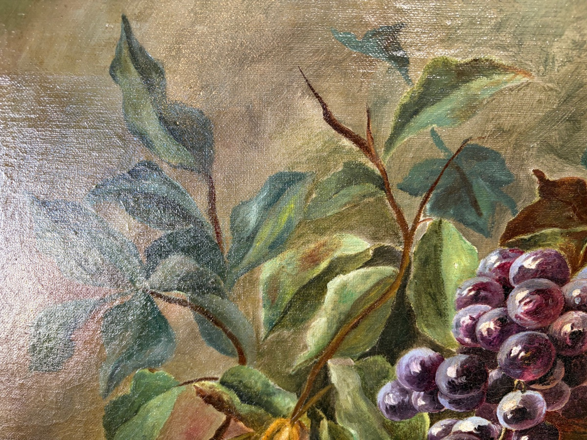 Grande huile sur toile, nature morte aux raisins et poires. XIX eme siècle, France.-photo-4