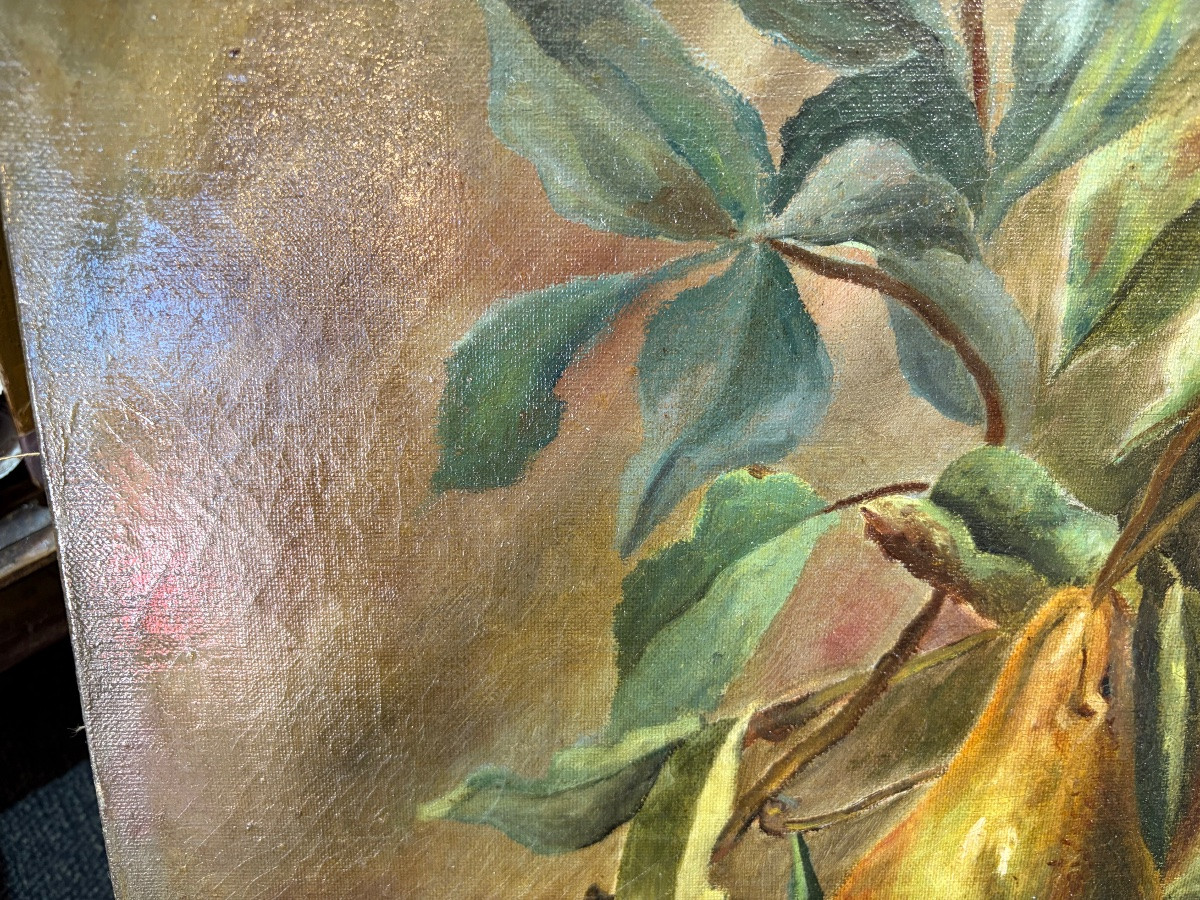 Grande huile sur toile, nature morte aux raisins et poires. XIX eme siècle, France.-photo-5