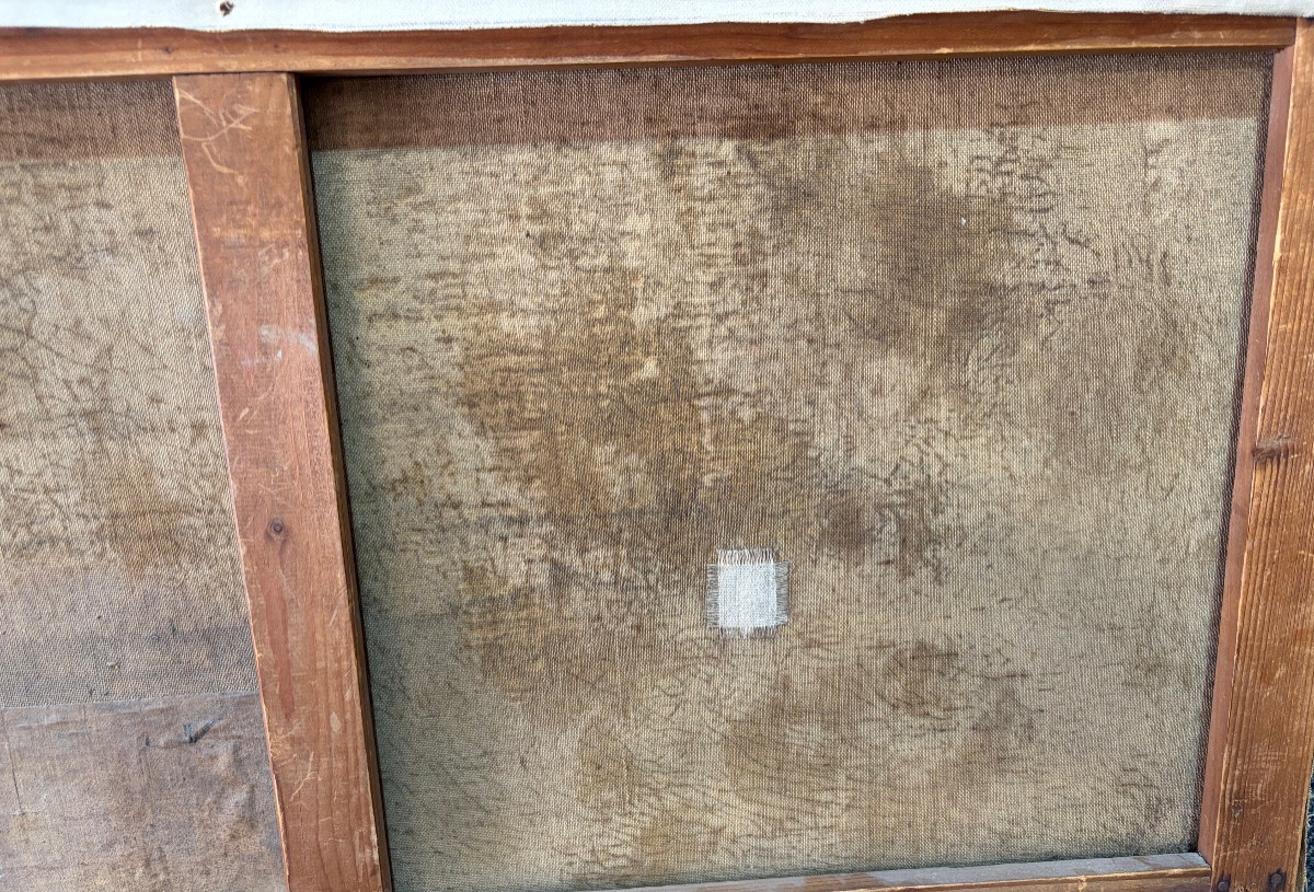 Grande huile sur toile, nature morte aux raisins et poires. XIX eme siècle, France.-photo-7