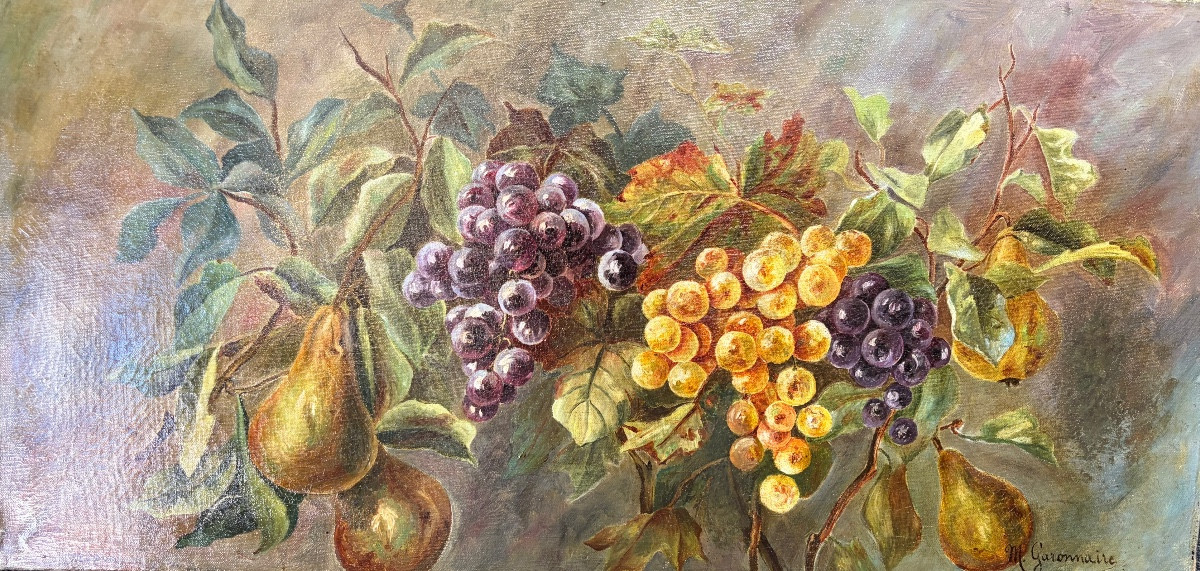 Grande huile sur toile, nature morte aux raisins et poires. XIX eme siècle, France.