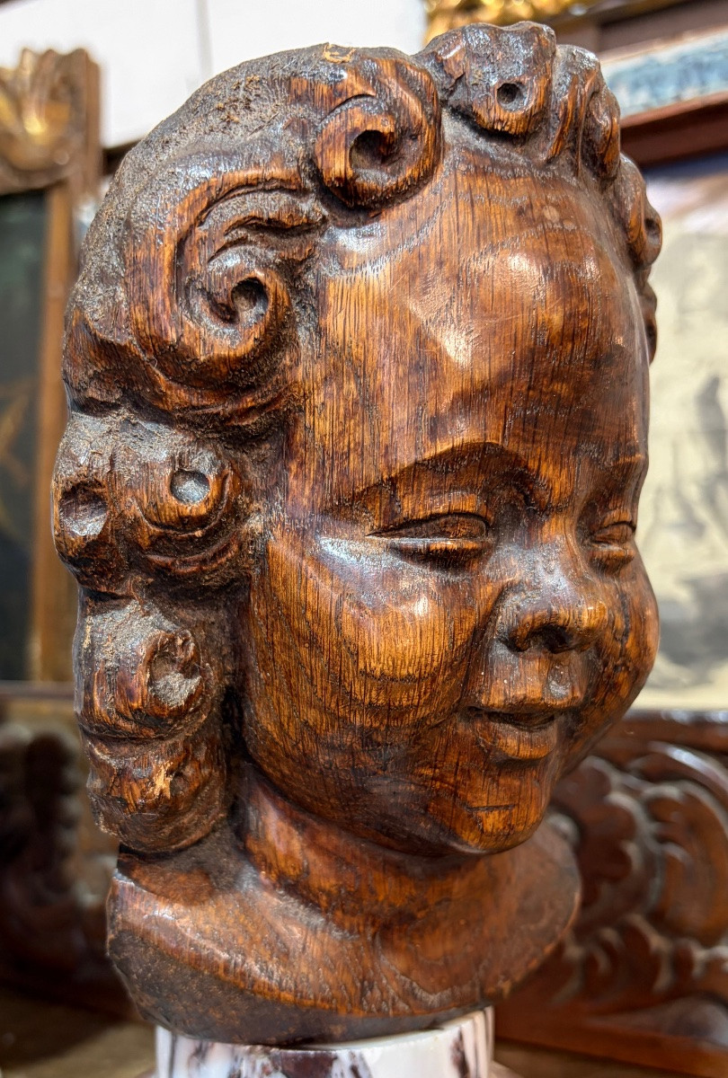 Oak Angel Head, Early 18th Century, France.-photo-6