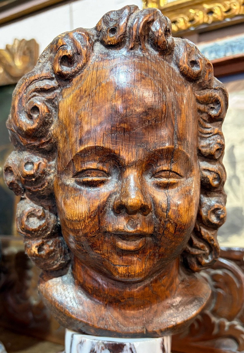 Oak Angel Head, Early 18th Century, France.-photo-7