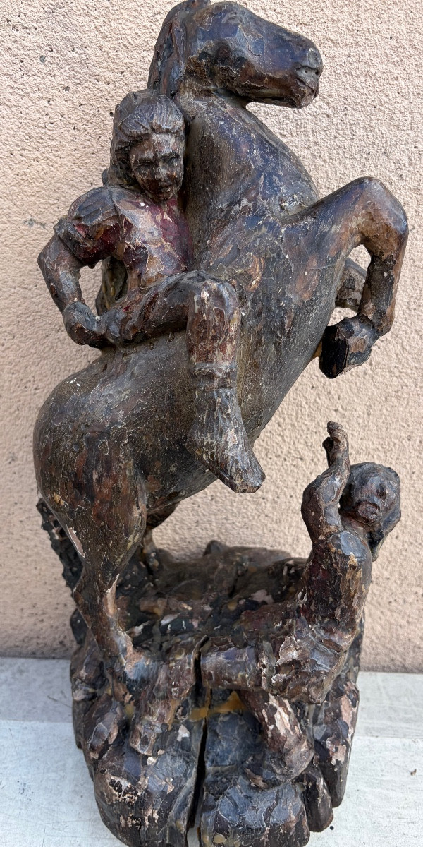 Statue en bois, la Conversion de St Paul. Art populaire XVIII éme siècle.