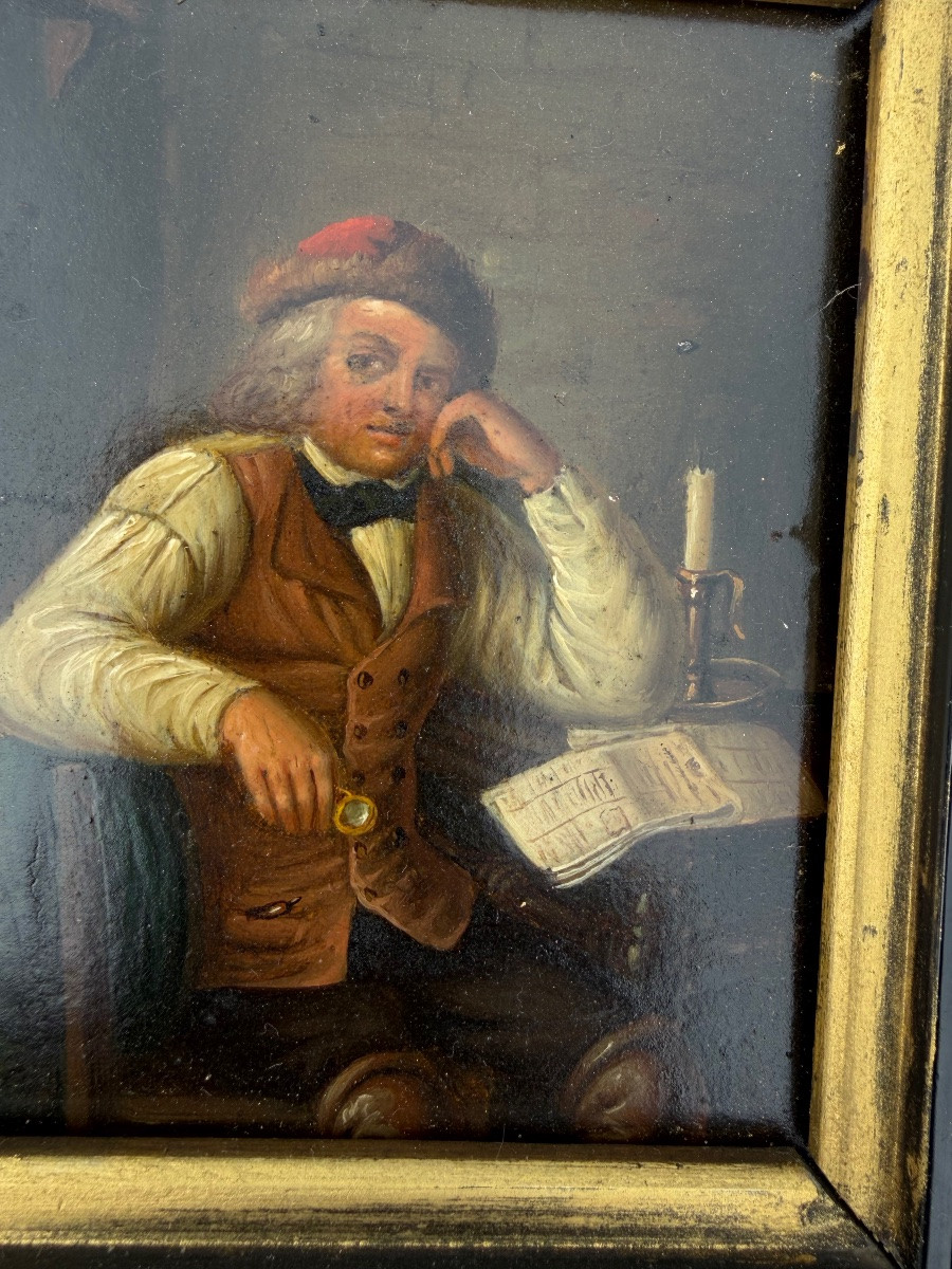Petite huile sur métal, la lecture du journal. France, vers 1850.-photo-2