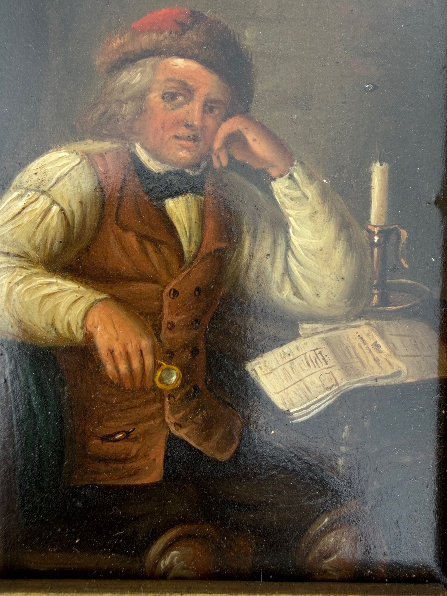 Petite huile sur métal, la lecture du journal. France, vers 1850.-photo-3