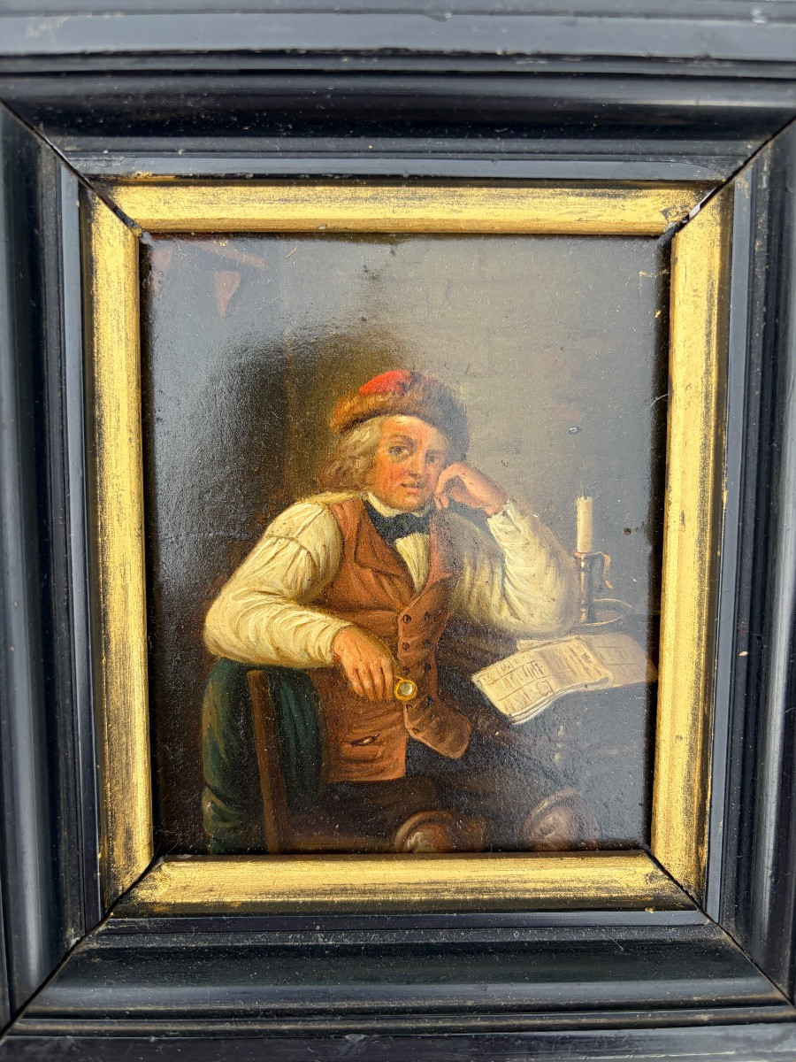 Petite huile sur métal, la lecture du journal. France, vers 1850.-photo-4