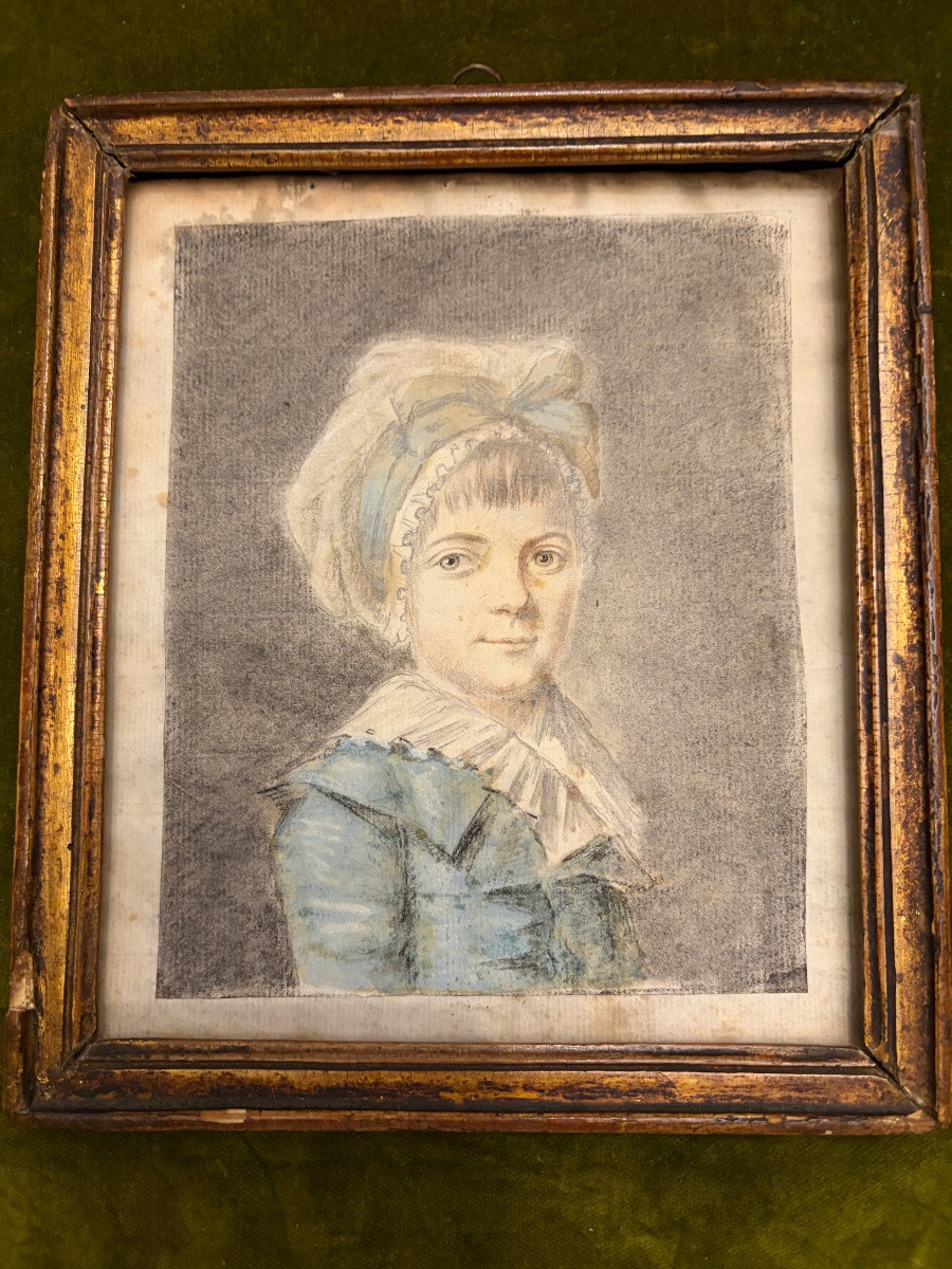 Portrait Of A Little Girl, Late 18th Century, France. Drawing.-photo-2