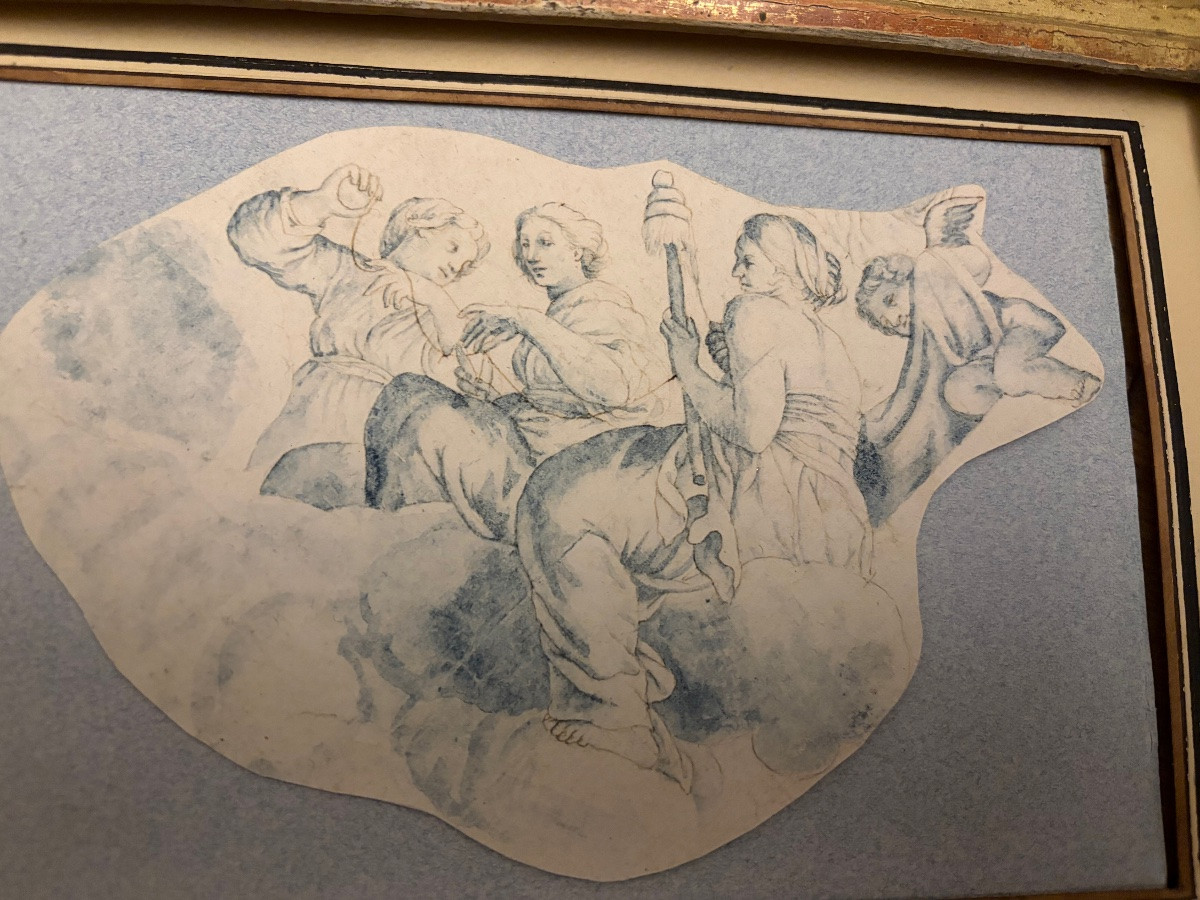 Pair Of Drawings, In Blue Ink, 17th Or 18th Century. -photo-2