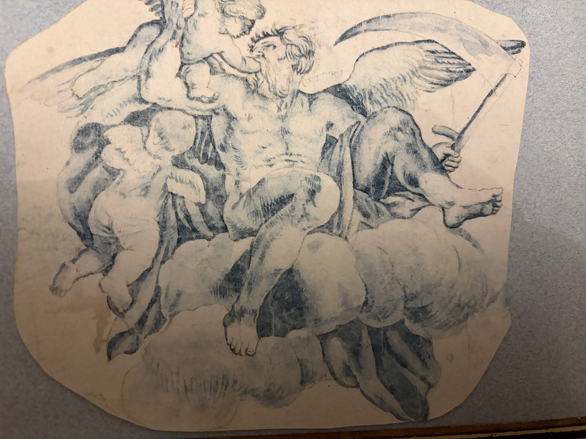 Pair Of Drawings, In Blue Ink, 17th Or 18th Century. -photo-3