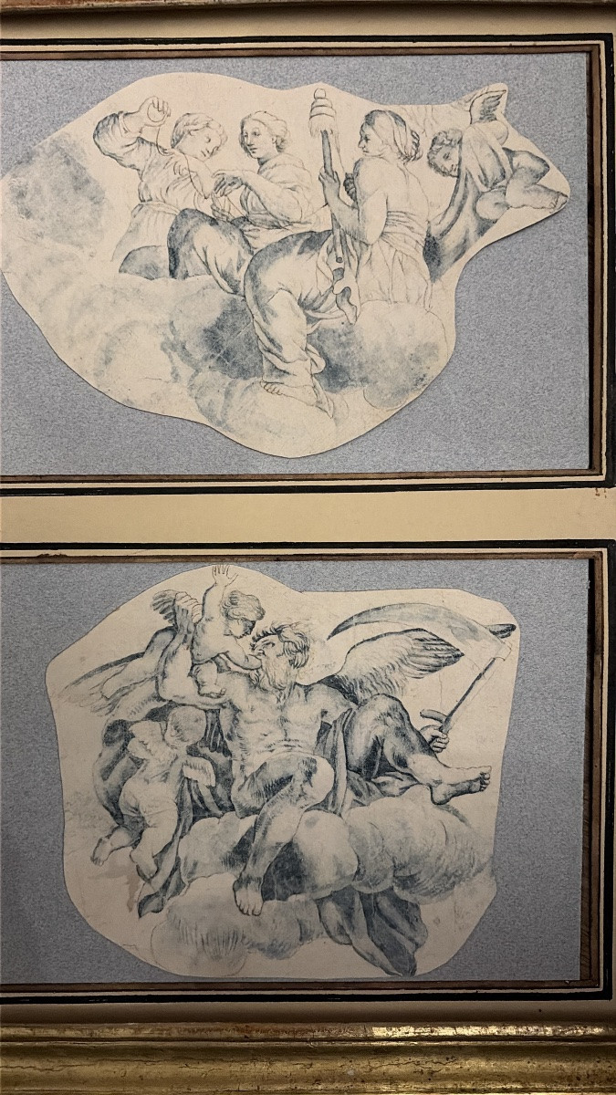 Pair Of Drawings, In Blue Ink, 17th Or 18th Century. -photo-3