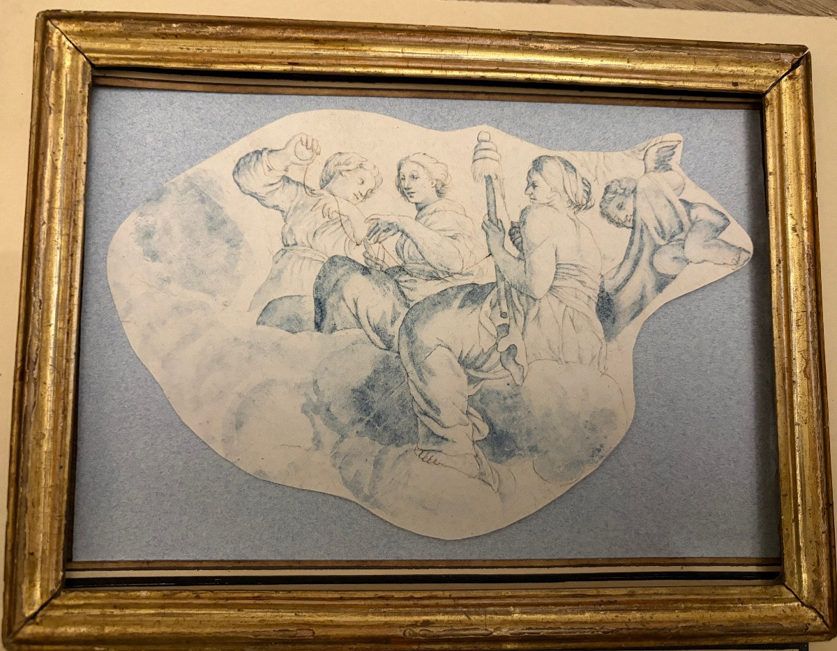 Pair Of Drawings, In Blue Ink, 17th Or 18th Century. -photo-5