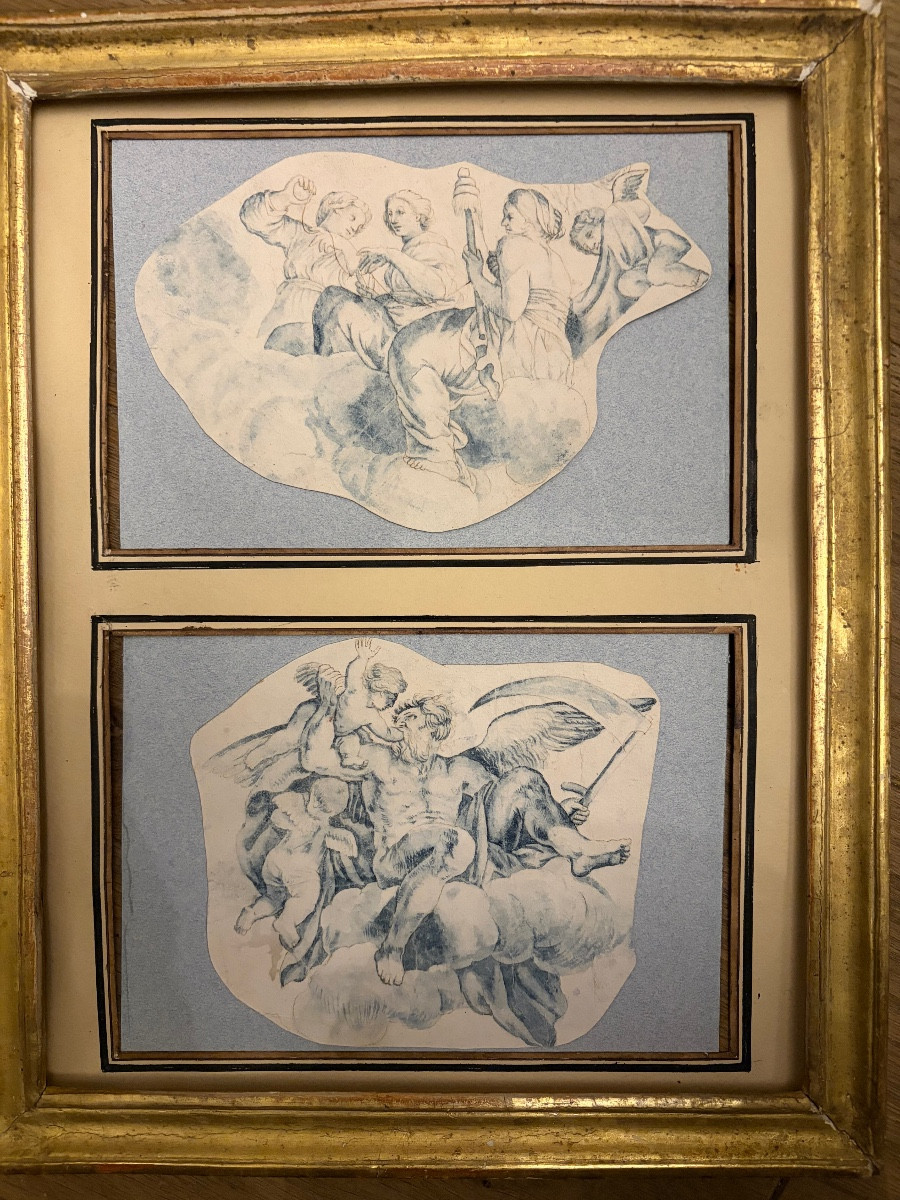 Pair Of Drawings, In Blue Ink, 17th Or 18th Century. 