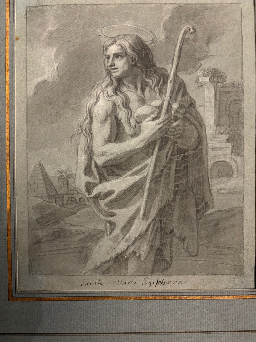 Drawing Attributed To François Verdier. Black Stone On Prepared Paper. Saint Mary The Egyptian-photo-2