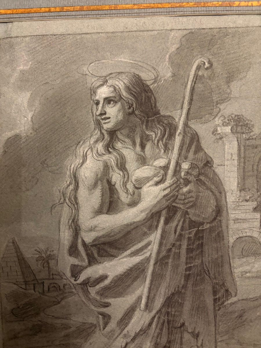 Drawing Attributed To François Verdier. Black Stone On Prepared Paper. Saint Mary The Egyptian-photo-3