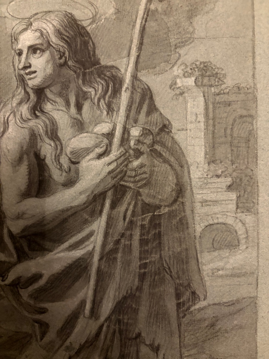 Drawing Attributed To François Verdier. Black Stone On Prepared Paper. Saint Mary The Egyptian-photo-4
