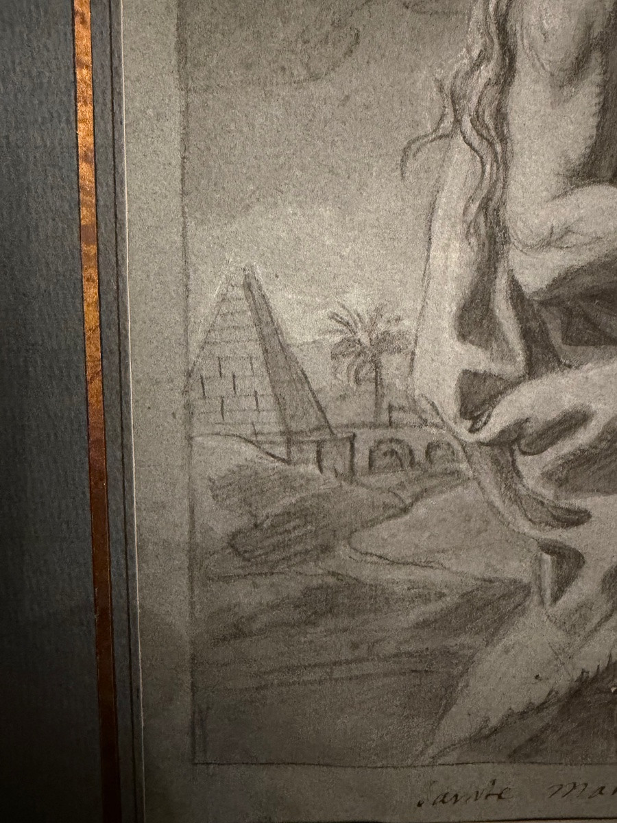 Drawing Attributed To François Verdier. Black Stone On Prepared Paper. Saint Mary The Egyptian-photo-1