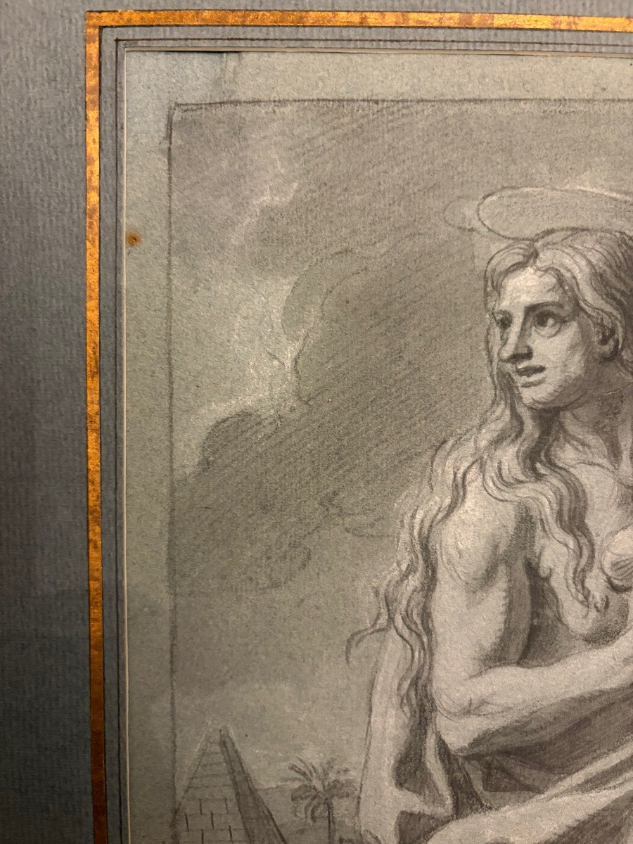 Drawing Attributed To François Verdier. Black Stone On Prepared Paper. Saint Mary The Egyptian-photo-2