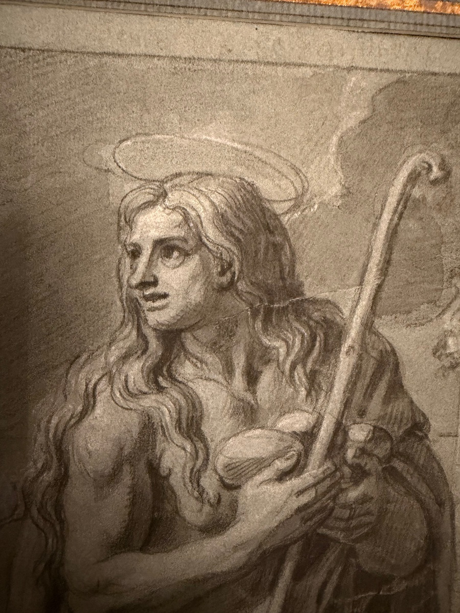 Drawing Attributed To François Verdier. Black Stone On Prepared Paper. Saint Mary The Egyptian-photo-4