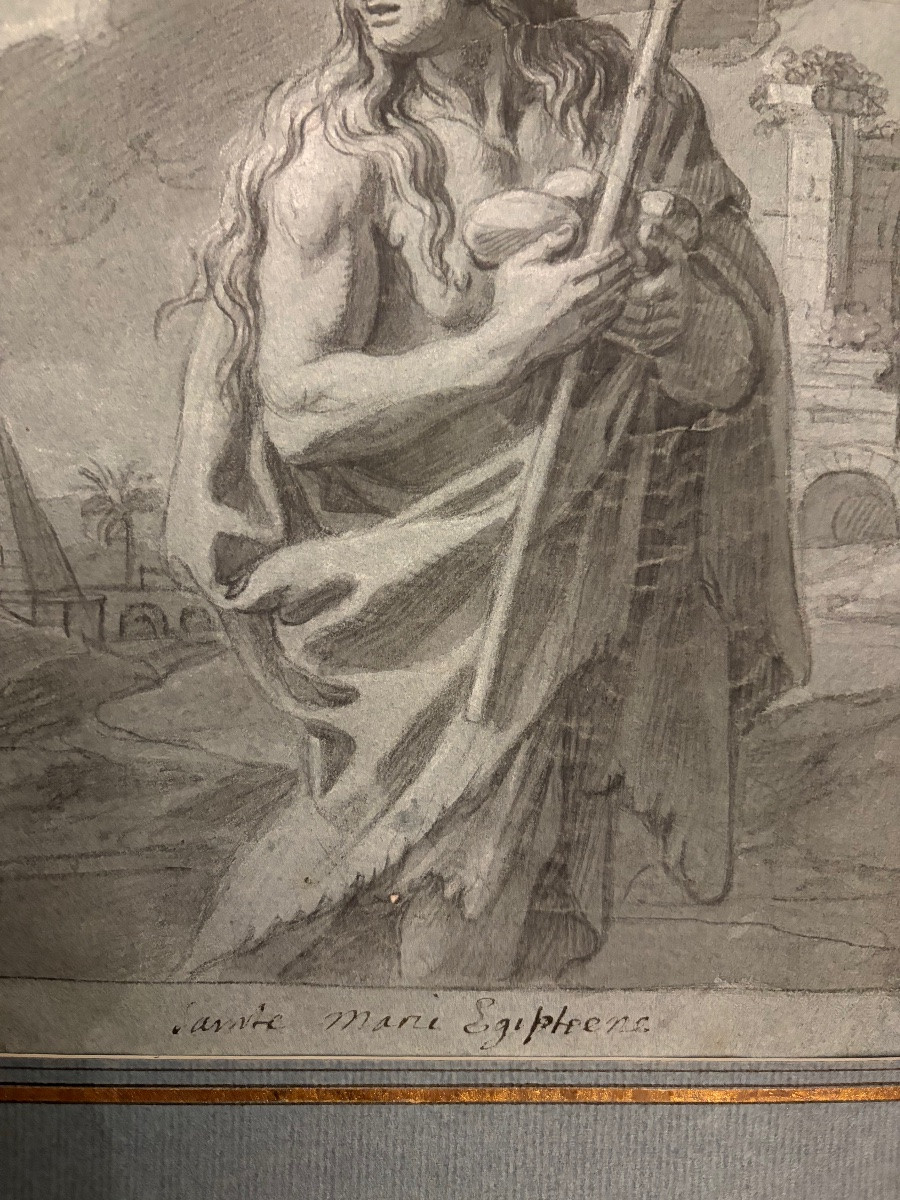 Drawing Attributed To François Verdier. Black Stone On Prepared Paper. Saint Mary The Egyptian-photo-5