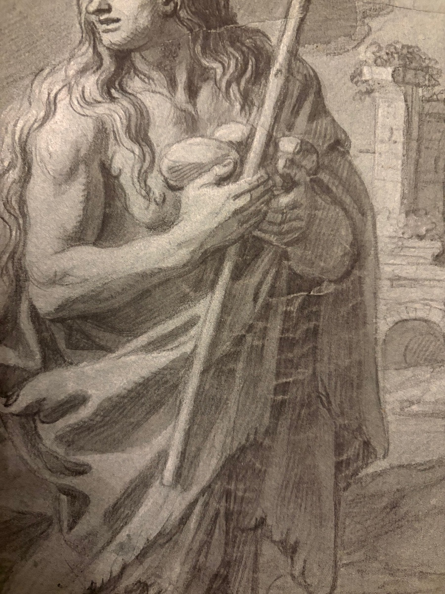 Drawing Attributed To François Verdier. Black Stone On Prepared Paper. Saint Mary The Egyptian-photo-6