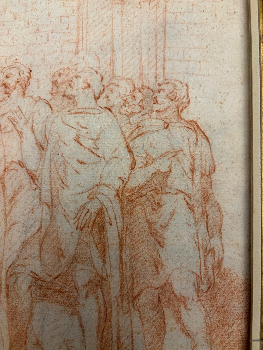 Dessin XVIIIéme à la sanguine, dans le goût antique, assemblée de patriciens discutant vivement-photo-2