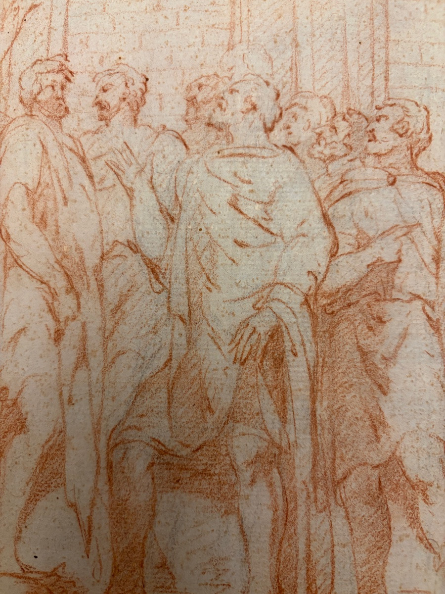 Dessin XVIIIéme à la sanguine, dans le goût antique, assemblée de patriciens discutant vivement-photo-3