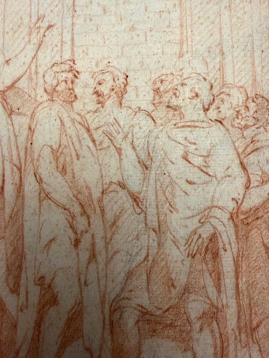 Dessin XVIIIéme à la sanguine, dans le goût antique, assemblée de patriciens discutant vivement-photo-4