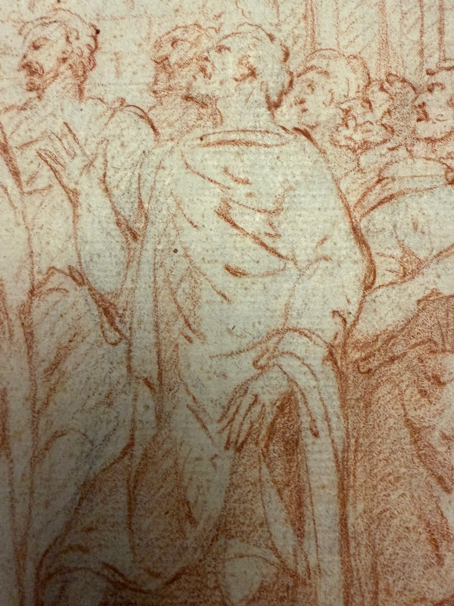 Dessin XVIIIéme à la sanguine, dans le goût antique, assemblée de patriciens discutant vivement-photo-3