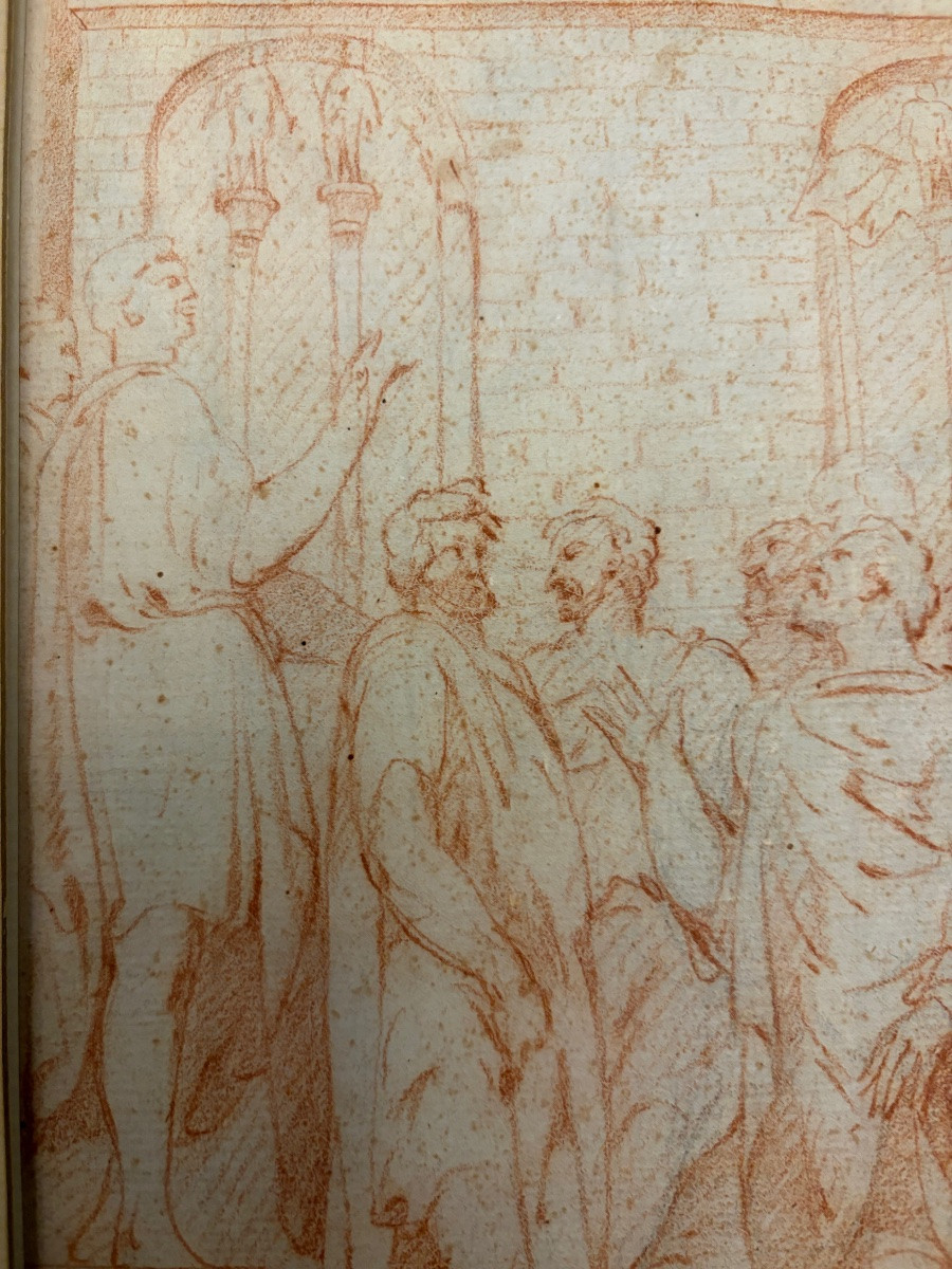 Dessin XVIIIéme à la sanguine, dans le goût antique, assemblée de patriciens discutant vivement-photo-7