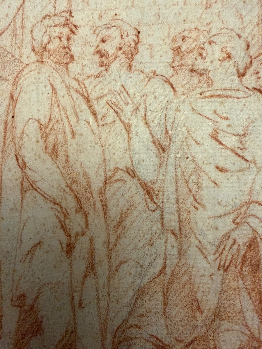 Dessin XVIIIéme à la sanguine, dans le goût antique, assemblée de patriciens discutant vivement-photo-8