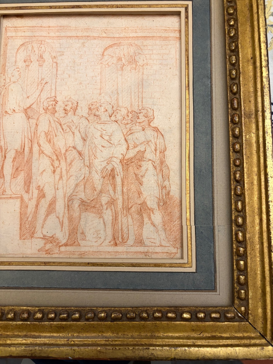 Dessin XVIIIéme à la sanguine, dans le goût antique, assemblée de patriciens discutant vivement-photo-1
