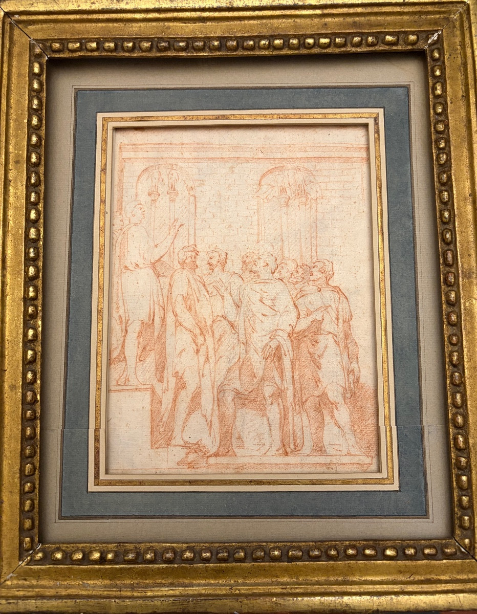 Dessin XVIIIéme à la sanguine, dans le goût antique, assemblée de patriciens discutant vivement
