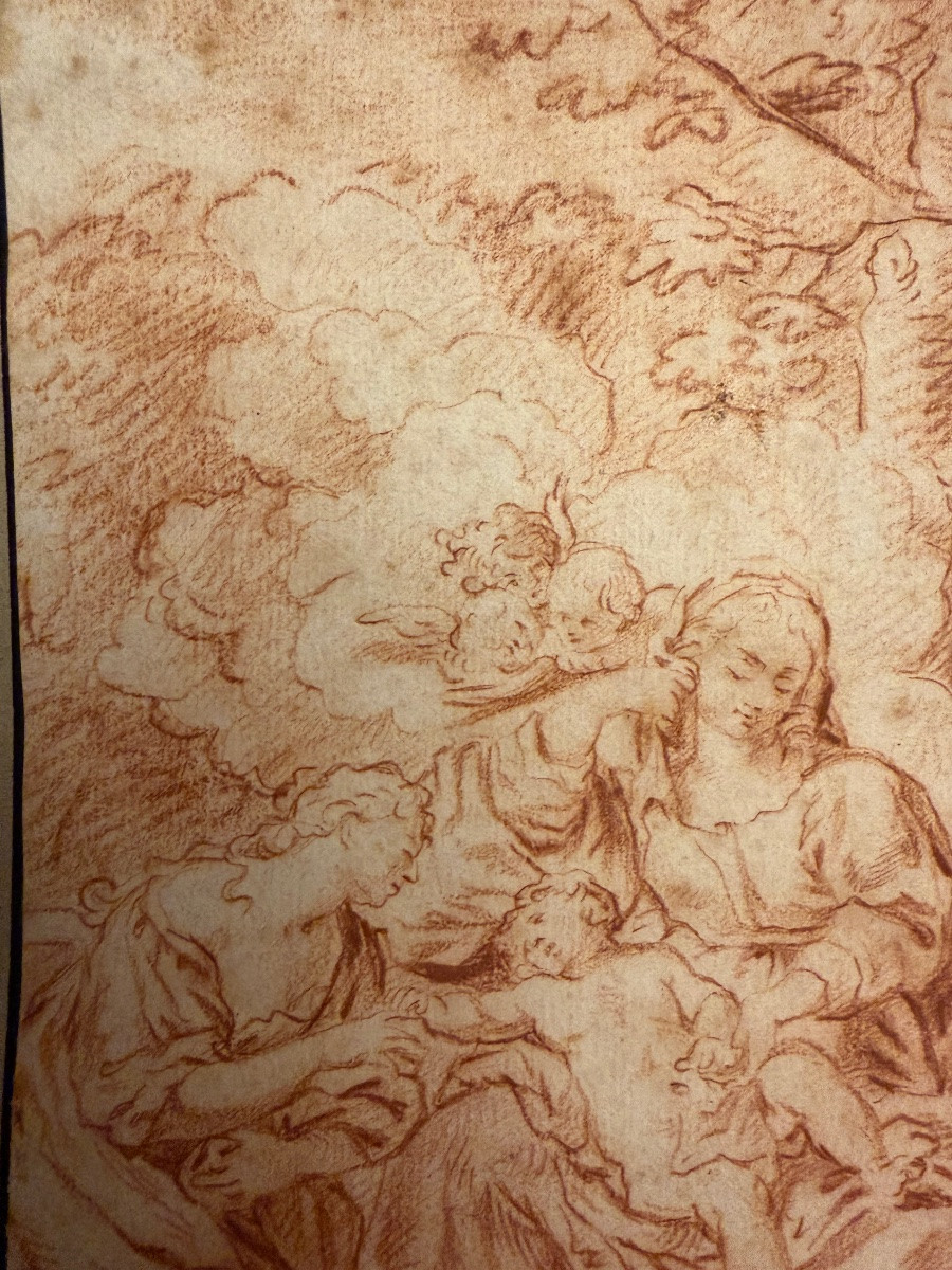 Dessin italien à la sanguine, Vierge à l’Enfant, avec Ste Élisabeth. XVIII éme siècle.-photo-3