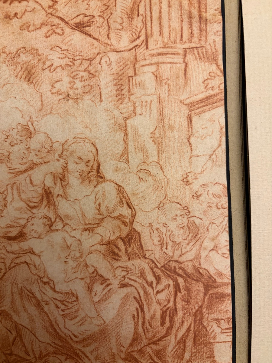 Dessin italien à la sanguine, Vierge à l’Enfant, avec Ste Élisabeth. XVIII éme siècle.-photo-1